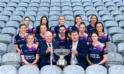 29 May 2023; In attendance at the launch of the 2023 TG4 All-Ireland Ladies Football Championships at Croke Park are Ard Stiúrthóir TG4 Alan Esslemont and Uachtarán Cumann Peil Gael na mBan, Mícheál Naughton with Intermediate players, back from left, Síofra Ní Chonaill of Clare, Áine Breen of Louth, Jennifer Duffy of Monaghan, Róisín Ennis of Offaly and Charlene Tyrrell of Leitrim, centre from left, Sarah Jane Winders of Wicklow, Sasha Byrne of Tyrone, Kelly Boyce Jordan of Westmeath, Laura Fleming of Roscommon and Grace Clifford of Kildare, and front from left, Cathy Carey of Antrim, and Róisín Murphy of Wexford. The very first All-Ireland Ladies Senior Football Final, between winners Tipperary and opponents Offaly, was played in Durrow in 1974, while the 2023 decider at Croke Park on Sunday August 13 will mark the LGFA’s 50th All-Ireland Senior Final. The 2023 TG4 All-Ireland Ladies Football Championships get underway on the weekend of June 10/11, with the opening round of Intermediate Fixtures. All games in the 2023 TG4 All-Ireland Championships will be available live to viewers, either on TG4 or via the LGFA’s live-streaming portal: https://bit.ly/3oktfD5 #ProperFan . Photo by Harry Murphy/Sportsfile