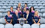 29 May 2023; In attendance at the launch of the 2023 TG4 All-Ireland Ladies Football Championships at Croke Park are Ard Stiúrthóir TG4 Alan Esslemont and Uachtarán Cumann Peil Gael na mBan, Mícheál Naughton with Junior players, back from left, Beatrice Casey of London, Joanne Corr of Derry, centre from left, Claire Dunne of Sligo, Ruth Bermingham of Carlow, Natalie McKibbin of Down and Sarah Smith of Kilkenny and front from left, Róisín Ambrose of Limerick and Shannon McQuade of Fermanagh. The very first All-Ireland Ladies Senior Football Final, between winners Tipperary and opponents Offaly, was played in Durrow in 1974, while the 2023 decider at Croke Park on Sunday August 13 will mark the LGFA’s 50th All-Ireland Senior Final. The 2023 TG4 All-Ireland Ladies Football Championships get underway on the weekend of June 10/11, with the opening round of Intermediate Fixtures. All games in the 2023 TG4 All-Ireland Championships will be available live to viewers, either on TG4 or via the LGFA’s live-streaming portal: https://bit.ly/3oktfD5 #ProperFan . Photo by Harry Murphy/Sportsfile