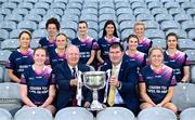 29 May 2023; In attendance at the launch of the 2023 TG4 All-Ireland Ladies Football Championships at Croke Park are Ard Stiúrthóir TG4 Alan Esslemont and Uachtarán Cumann Peil Gael na mBan, Mícheál Naughton with Senior players, back from left, Kathryn Sullivan of Mayo, Aisling Gilsenan of Cavan, Caragh McCarthy of Waterford and Carla Rowe of Dublin, centre from left, Sarah Ní Loingsigh of Galway, Blaithín Mackin of Armagh, Anna Healy of Laois and Maria Curley of Tipperary and front from left, Síofra O'Shea of Kerry and Monica McGuirk of Meath. The very first All-Ireland Ladies Senior Football Final, between winners Tipperary and opponents Offaly, was played in Durrow in 1974, while the 2023 decider at Croke Park on Sunday August 13 will mark the LGFA’s 50th All-Ireland Senior Final. The 2023 TG4 All-Ireland Ladies Football Championships get underway on the weekend of June 10/11, with the opening round of Intermediate Fixtures. All games in the 2023 TG4 All-Ireland Championships will be available live to viewers, either on TG4 or via the LGFA’s live-streaming portal: https://bit.ly/3oktfD5 #ProperFan . Photo by Harry Murphy/Sportsfile