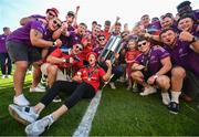 29 May 2023; Munster players celebrate with the trophy during the Munster Rugby homecoming as URC Champions at Thomond Park in Limerick. Photo by David Fitzgerald/Sportsfile