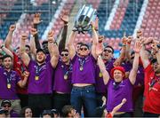 29 May 2023; Jack O'Donoghue lifts the trophy during the Munster Rugby homecoming as URC Champions at Thomond Park in Limerick. Photo by David Fitzgerald/Sportsfile