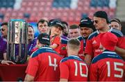 29 May 2023; Keith Earls daughter, Emie, celebrates with the Munster squad and trophy during the Munster Rugby homecoming as URC Champions at Thomond Park in Limerick. Photo by David Fitzgerald/Sportsfile