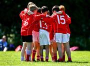 30 May 2023; Players huddle during the Leinster Rugby kids blitz at Ardee RFC in Louth. Photo by Tyler Miller/Sportsfile