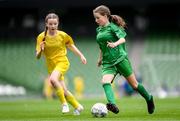 31 May 2023; Mairéad Mullins of Castleblakeney NS, Galway, in action during the ‘A’ Girls Cup, for small sized schools, during the FAI Primary School 5s National Finals at the Aviva Stadium in Dublin. Photo by Stephen McCarthy/Sportsfile