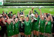 31 May 2023; Castleblakeney NS, Galway, players celebrate after winning the ‘A’ Girls Cup, for small sized schools, during the FAI Primary School 5s National Finals at the Aviva Stadium in Dublin. Photo by Stephen McCarthy/Sportsfile