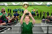 31 May 2023; Mairéad Mullins of Castleblakeney NS, Galway, with the ‘A’ Girls Cup, for small sized schools, player of the tournament award during the FAI Primary School 5s National Finals at the Aviva Stadium in Dublin. Photo by Stephen McCarthy/Sportsfile