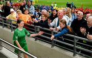 31 May 2023; Mairéad Mullins of Castleblakeney NS, Galway, on the way to collect her ‘A’ Girls Cup, for small sized schools, player of the tournament award during the FAI Primary School 5s National Finals at the Aviva Stadium in Dublin. Photo by Stephen McCarthy/Sportsfile