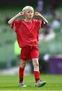 31 May 2023; Tiernan O’Flynn of Scoil Naomh Iosef, Dromcollogher, Limerick, celebrates after scoring a goal during the ‘A’ Cup, for mixed small sized schools, at the FAI Primary School 5s National Finals in the Aviva Stadium, Dublin. Photo by Eóin Noonan/Sportsfile