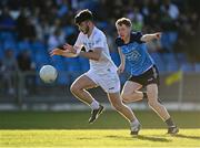 31 May 2023; Tadhg Donlan of Kildare in action against Cillian Emmett of Dublin during the 2023 Electric Ireland Leinster GAA Football Minor Championship Final match between Dublin and Kildare at Laois Hire O'Moore Park in Portlaoise, Laois. Photo by Piaras Ó Mídheach/Sportsfile