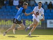 31 May 2023; Harry Redmond of Kildare in action against Ryan Mitchell of Dublin during the 2023 Electric Ireland Leinster GAA Football Minor Championship Final match between Dublin and Kildare at Laois Hire O'Moore Park in Portlaoise, Laois. Photo by Piaras Ó Mídheach/Sportsfile