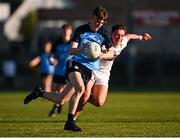 31 May 2023; Patrick Coleman of Dublin in action against Rob Murray of Kildare during the 2023 Electric Ireland Leinster GAA Football Minor Championship Final match between Dublin and Kildare at Laois Hire O'Moore Park in Portlaoise, Laois. Photo by Stephen Marken/Sportsfile