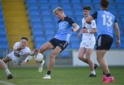 31 May 2023; Senan Ryan of Dublin has his shot on goal blocked by Colm Moran of Kildare during the 2023 Electric Ireland Leinster GAA Football Minor Championship Final match between Dublin and Kildare at Laois Hire O'Moore Park in Portlaoise, Laois. Photo by Piaras Ó Mídheach/Sportsfile