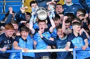 31 May 2023; Dublin captain Cillian Emmett lifts the Murray Cup after his side's victory in the 2023 Electric Ireland Leinster GAA Football Minor Championship Final match between Dublin and Kildare at Laois Hire O'Moore Park in Portlaoise, Laois. Photo by Piaras Ó Mídheach/Sportsfile
