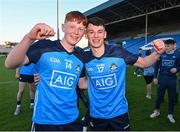31 May 2023; Dublin players Harry Curley, left, and Ciarán O'Connor celebrate after their side's victory in the 2023 Electric Ireland Leinster GAA Football Minor Championship Final match between Dublin and Kildare at Laois Hire O'Moore Park in Portlaoise, Laois. Photo by Piaras Ó Mídheach/Sportsfile
