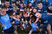 31 May 2023; Dublin players, including Calvin Fennelly, 16, celebrate after their side's victory in the 2023 Electric Ireland Leinster GAA Football Minor Championship Final match between Dublin and Kildare at Laois Hire O'Moore Park in Portlaoise, Laois. Photo by Piaras Ó Mídheach/Sportsfile