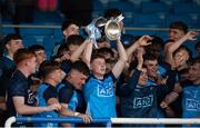 31 May 2023;  Dublin captain Cillian Emmett lifts the Murray Cup after his side's victory in the 2023 Electric Ireland Leinster GAA Football Minor Championship Final match between Dublin and Kildare at Laois Hire O'Moore Park in Portlaoise, Laois. Photo by Stephen Marken/Sportsfile