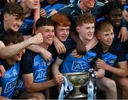 31 May 2023; Dublin players celebrate after their side's victory in the 2023 Electric Ireland Leinster GAA Football Minor Championship Final match between Dublin and Kildare at Laois Hire O'Moore Park in Portlaoise, Laois. Photo by Stephen Marken/Sportsfile