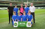 31 May 2023; Scoil Eoin, Crumlin, Dublin, back row, from left, Michel Conlon, Kairon Wynne, Tommy Tobin, Killian Flanagan and Richie Doran, with, front row, Carl McNamara, Gabriella Duff, Kswawery Kita and Lennon O’Brien before the Special Schools Cup at the FAI Primary School 5s National Finals in the Aviva Stadium, Dublin. Photo by Stephen McCarthy/Sportsfile