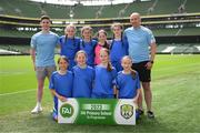 31 May 2023; Ardnagrath NS, Athlone, Westmeath, back row, from left, Justin Couglan, Sorcha Aspell, Erin McHugh, Emily Sullivan, Aoife McHugh and John Keane, with, front row, Lily Rattray, Mollie Quinn, Ava Lynam and Erin Rattray before the ‘A’ Girls Cup, for small sized schools, at the FAI Primary School 5s National Finals in the Aviva Stadium, Dublin. Photo by Stephen McCarthy/Sportsfile
