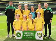 31 May 2023; Scoil Colmcille, Kerrykeel, Donegal, back row, from left, James Gallagher, Katie McLaughlin, Aishling Duffy, Natalie Egan, Aine Doherty and Fergus McAteer, with, front row, Cliodhna Robinson, Clodagh McAteer, Ciara McVeigh Crossan and Erin Logue before the ‘A’ Girls Cup, for small sized schools, at the FAI Primary School 5s National Finals in the Aviva Stadium, Dublin. Photo by Stephen McCarthy/Sportsfile