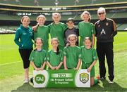 31 May 2023; Scoil Phádraig, Westport, Mayo, back row, from left, Sharon McGreal, Saoirse Reynolds, Claire Ryan, Francesca Caruana, Aoife Corcoran and Gerard Murphy, with, front row, Violet O’Malley, Robyn Tarmey, Slaney O’Driscoll and May Duckett before the ‘B’ Girls Cup, for medium sized schools, at the FAI Primary School 5s National Finals in the Aviva Stadium, Dublin. Photo by Stephen McCarthy/Sportsfile