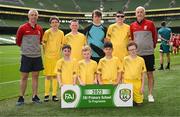 31 May 2023; Scoil Íosagáin, Buncrana, Donegal, back row, from left, Kieran Sharkey, Ethan Duffy Sheridan, Danny Bradley, Adrians Aleksejeva, Niall Doherty and Jonathan Adair, with, front row, Cilléin Doherty, Eoin Hirrell, Nuh Norris and Daniel Brolly before the Special Schools Cup at the FAI Primary School 5s National Finals in the Aviva Stadium, Dublin. Photo by Stephen McCarthy/Sportsfile