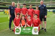 31 May 2023; St Anne’s School, Ennis, Clare, back row, from left, Brendan Murphy, Elliot Maxwell, Daniel O’Connell, Ana Isaias, Roman Stepanov and Francis McInerney, with, front row, Thomas Keenan, Tony Mullin, Seán Connors and Cillian Hogan before the FAI Primary School 5s National Finals at the Aviva Stadium in Dublin. Photo by Stephen McCarthy/Sportsfile