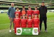 31 May 2023; Monaleen NS, Limerick, back row, from left, Tommy Stack, Mohammed Mukbel, Jerry Prendergast, John Sheahan, Evan Carroll and Tony Keane, with, front row, Louis Fitzgerald, Dara Scully, Jamie Flannery and Eason Bian before the ‘C’ Cup, for mixed large sized schools, at the FAI Primary School 5s National Finals in the Aviva Stadium, Dublin. Photo by Stephen McCarthy/Sportsfile