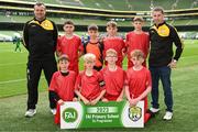31 May 2023; Scoil Naomh Iosef, Dromcollogher, Limerick, back row, from left, Michael Murphy, Muiris McCarthy, Stephen Pierce, Ben Lenihan, Calum Curtin and Jason Stokes, with, front row, Patrick Cotter, Anthony Pierce and Anthony Cashman before the ‘B’ Cup, for mixed medium sized schools, at the FAI Primary School 5s National Finals in the Aviva Stadium, Dublin. Photo by Stephen McCarthy/Sportsfile
