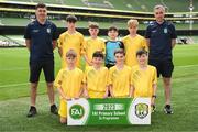 31 May 2023; St Eunan’s NS, Raphoe, Donegal, back row, from left, Emmet Kelly, Odhran McHugh, Ben Farrell, Evan McCarron, Riley McBride and George Simmons, with, front row, Lewis Hamilton, Ronan McGranaghan, Orran Kee and Tiarnan Kelly before the ‘B’ Cup, for mixed medium sized schools, at the FAI Primary School 5s National Finals in the Aviva Stadium, Dublin. Photo by Stephen McCarthy/Sportsfile