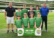 31 May 2023; St Mary’s NS, Mountbellew, Galway, back row, from left, Colin Murray, Kieran Cunniffe, Jack Nolan, Daniel Hyland, Felix Fahy Igoe and Michael Kelly, with, front row, Cuan Kelly, Patrick Lohan, Stephen Kelly and Ronan McDermott before the ‘A’ Cup, for mixed small sized schools, at the FAI Primary School 5s National Finals in the Aviva Stadium, Dublin. Photo by Stephen McCarthy/Sportsfile