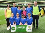 31 May 2023; St Joseph’s NS, Hacketstown, Carlow, back row, from left, Paula Butler, Johnny Kelly, Jack Kane, Oisín Wall, William Myers and Barry Murphy, with, front row, Noel Butler, Adam Doyle, Páidí Connolly and Bobby Cullen before the ‘A’ Cup, for mixed small sized schools, at the FAI Primary School 5s National Finals in the Aviva Stadium, Dublin. Photo by Stephen McCarthy/Sportsfile