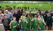 31 May 2023; Republic of Ireland manager Stephen Kenny, FAI President Gerry McAnaney, Republic of Ireland's Jamie Finn and Conor Levingston of Wexford FC with St Columba’s NS, Ballybrack, Cork after the FAI Primary School 5s National Finals at the Aviva Stadium in Dublin. Photo by Stephen McCarthy/Sportsfile