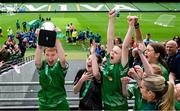 31 May 2023; Castleblakeney NS, Galway, captian Mairéad Mullins and team-mates celebrate winning the ‘A’ Girls Cup, for small sized schools, at the FAI Primary School 5s National Finals in the Aviva Stadium, Dublin. Photo by Stephen McCarthy/Sportsfile