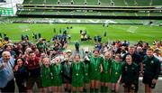 31 May 2023; Castleblakeney NS, Galway, captian Mairéad Mullins and team-mates celebrate winning the ‘A’ Girls Cup, for small sized schools, at the FAI Primary School 5s National Finals in the Aviva Stadium, Dublin. Photo by Stephen McCarthy/Sportsfile