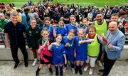 31 May 2023; Republic of Ireland manager Stephen Kenny, Republic of Ireland's Jamie Finn, FAI President Gerry McAnaney and Conor Levingston of Wexford FC with Scoil Naomh Peadar S’Pol, Ballon, Carlow, after the ‘B’ Girls Cup, for medium sized schools, at the FAI Primary School 5s National Finals in the Aviva Stadium, Dublin. Photo by Stephen McCarthy/Sportsfile