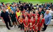 31 May 2023; Republic of Ireland manager Stephen Kenny, Republic of Ireland's Jamie Finn, Conor Levingston of Wexford FC and FAI President Gerry McAnaney with Scoil an Spioraid Naoimh, Roxborough, Limerick after the ‘B’ Girls Cup, for medium sized schools, at the FAI Primary School 5s National Finals in the Aviva Stadium, Dublin. Photo by Stephen McCarthy/Sportsfile