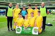 31 May 2023; Scoil Naomh Colmcille, Donegal, back row, from left, Joanne McKinney, Connor Gallagher, Riley Kelly, Ethan McLoughlin, Colm Callaghan and Gerard O’Kane, with, front row, Caelan Stevens O’Neill, Cadhan McGonagle, Dylan Donaghy and Kayden McCloskey during the ‘A’ Cup, for mixed small sized schools, at the FAI Primary School 5s National Finals in the Aviva Stadium, Dublin. Photo by Stephen McCarthy/Sportsfile
