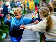 31 May 2023; Páidí Connolly of St Joseph’s NS, Hacketstown, Carlow, on his way to collect his ‘A’ Cup, for mixed small sized schools, player of the tournament award at the FAI Primary School 5s National Finals in the Aviva Stadium, Dublin. Photo by Stephen McCarthy/Sportsfile