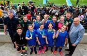 31 May 2023; Republic of Ireland manager Stephen Kenny, Republic of Ireland's Jamie Finn, Conor Levingston of Wexford FC and FAI President Gerry McAnaney with Scoil Uí Riada, Kilcock, Kildare, after the ‘C’ Girls Cup, for large sized schools, at the FAI Primary School 5s National Finals in the Aviva Stadium, Dublin. Photo by Stephen McCarthy/Sportsfile