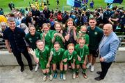 31 May 2023; Republic of Ireland manager Stephen Kenny, Republic of Ireland's Jamie Finn, Conor Levingston of Wexford FC and FAI President Gerry McAnaney with Gaelscoil Mhic Amhlaigh, Galway, after the ‘C’ Girls Cup, for large sized schools, at the FAI Primary School 5s National Finals in the Aviva Stadium, Dublin. Photo by Stephen McCarthy/Sportsfile