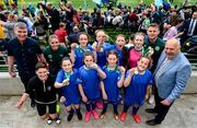 31 May 2023; Republic of Ireland manager Stephen Kenny, Republic of Ireland's Jamie Finn, Conor Levingston of Wexford FC and FAI President Gerry McAnaney with Scoil Uí Riada, Kilcock, Kildare, after the ‘C’ Girls Cup, for large sized schools, at the FAI Primary School 5s National Finals in the Aviva Stadium, Dublin. Photo by Stephen McCarthy/Sportsfile