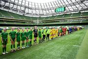 31 May 2023; Players line up during the FAI Primary School 5s National Finals at the Aviva Stadium in Dublin. Photo by Stephen McCarthy/Sportsfile