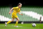 31 May 2023; Aishling Duffy of Scoil Colmcille, Kerrykeel, Donegal, during the ‘A’ Girls Cup, for small sized schools, at the FAI Primary School 5s National Finals in the Aviva Stadium, Dublin. Photo by Stephen McCarthy/Sportsfile