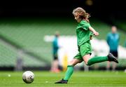 31 May 2023; Mairéad Mullins of Castleblakeney NS, Galway, during the ‘A’ Girls Cup, for small sized schools, at the FAI Primary School 5s National Finals in the Aviva Stadium, Dublin. Photo by Stephen McCarthy/Sportsfile