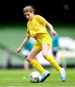 31 May 2023; Ciara McVeigh Crossan of Scoil Colmcille, Kerrykeel, Donegal, during the ‘A’ Girls Cup, for small sized schools, at the FAI Primary School 5s National Finals in the Aviva Stadium, Dublin. Photo by Stephen McCarthy/Sportsfile