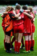 31 May 2023; Gaelscoil Charraig Uí Leighin, Cork, players huddle during the ‘C’ Girls Cup, for large sized schools, at the FAI Primary School 5s National Finals in the Aviva Stadium, Dublin. Photo by Stephen McCarthy/Sportsfile