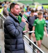 31 May 2023; MC Jamie Moore during the FAI Primary School 5s National Finals at the Aviva Stadium in Dublin. Photo by Stephen McCarthy/Sportsfile