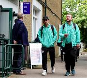 1 June 2023; Andy McBrine, left, and Paul Stirling of Ireland arrive ahead of day one of the Test Match between England and Ireland at Lords Cricket Ground in London, England. Photo by Matt Impey/Sportsfile