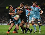 19 May 2023; Kyle Steyn of Glasgow Warriors is tackled by Baptiste Serin, left, and Brian Alainu’uese of RC Toulon during the EPCR Challenge Cup Final match between Glasgow Warriors and RC Toulon at Aviva Stadium in Dublin. Photo by Brendan Moran/Sportsfile